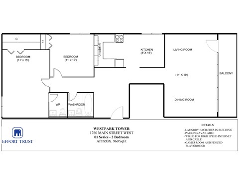 A floor plan of an apartment with two bedrooms, a living room, a dining room, a kitchen, a washroom and a WR.